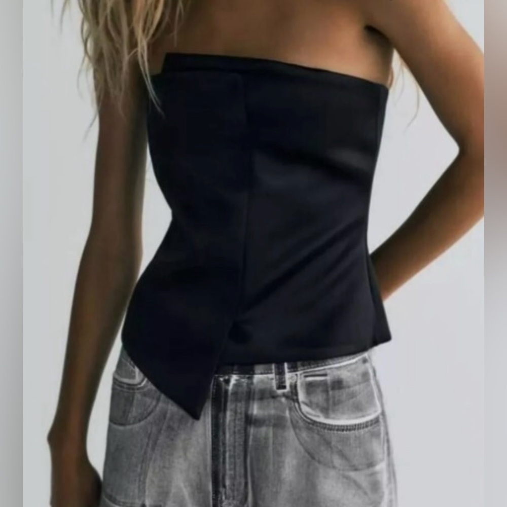 NWT Zara Satin Corset Strapless Top Asymmetrical Hem Black Size M Back Zip